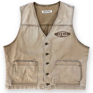 Vintage BOSS Jeans Duck Canvas Khaki Button Down Vest V-Neck with Pockets